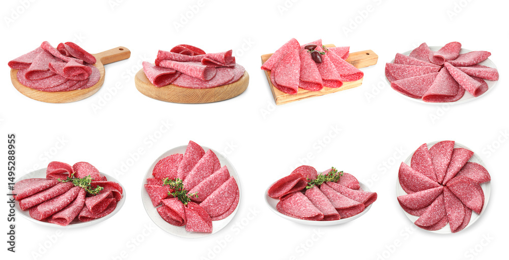 Salami sausage slices on white background, collage