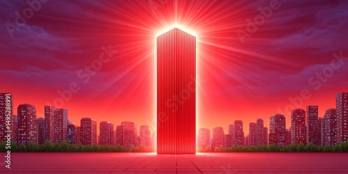 A city skyline with a red spotlight shining on a corrupt building
