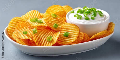 A close-up of ridged potato chips with a side of onion dip
