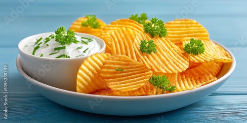 A close-up of ridged potato chips with a side of onion dip