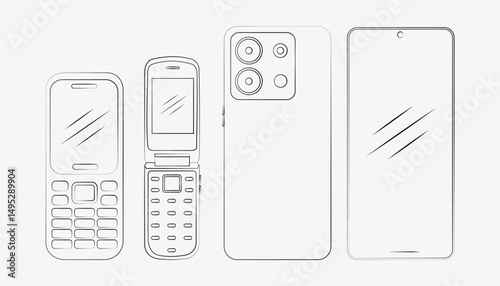 This is a line art illustration of different generations of mobile phones, from classic feature phones and flip phones to modern smartphones.
