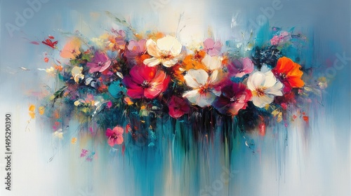 Vibrant floral bouquet painting, showcasing colorful blossoms and expressive brushstrokes on a light blue background