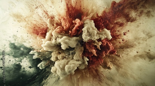 Exploding color cloud; earthy tones of red, brown, beige & green