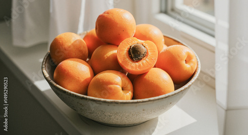 Fresh apricots in ceramic bowl on sunny windowsill