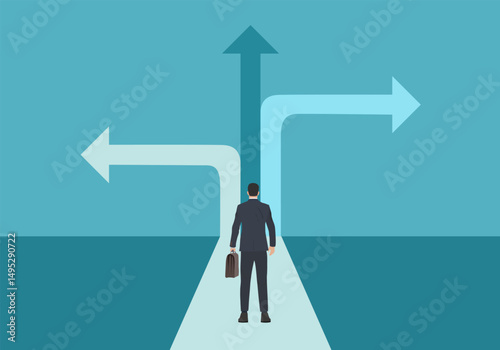 Business decisions concept. Vector of a perplexed businessman with question mark standing in front of arrows crossroads making a right choice. Career path and strategy.