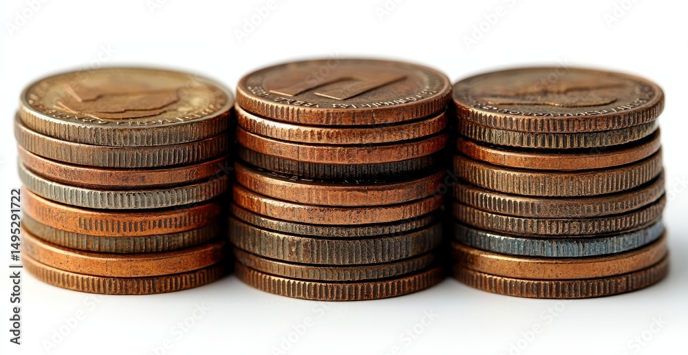 Three Stacks of Old Copper Coins on White Background Three Stacks of Old Copper Coins on White Background