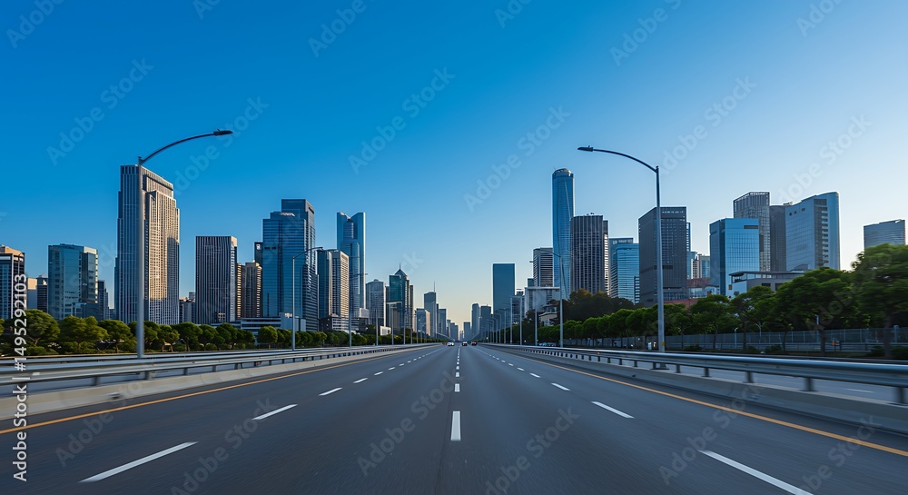 Naklejka premium Driving into the future: City skyline view from the highway under blue sky