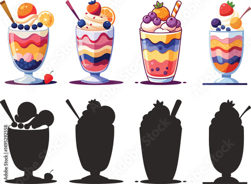Colorful layered desserts in glasses with whipped cream and fruit toppings plus  vector illustration and silhouette design