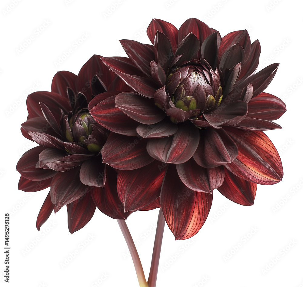 Dark burgundy dahlia flowers with petal textures image isolated transparent. Maroon floral specimen cut out photo png. Blooms. Asteraceae perennial cutout element object photography
