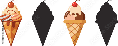 Ice cream cones with different flavors sweet treat vector illustration with silhouettes image, Colorful illustration showing various ice cream cones with different flavors 