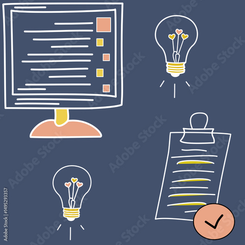Seamless pattern with a computer monitor, glowing light bulbs, and checklist. Stylish dark background, perfect for productivity tools and freelance design.