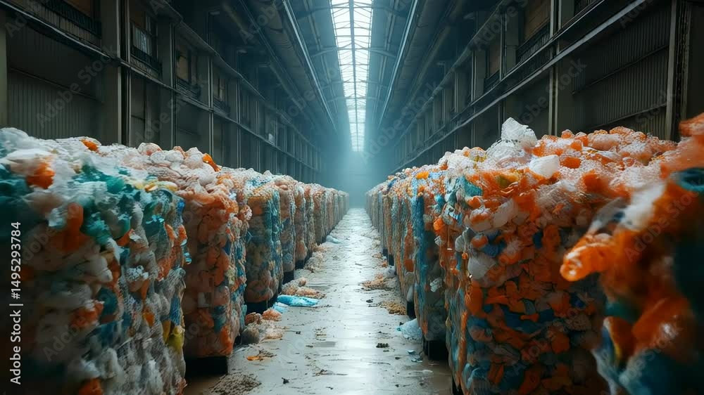 Rows of compressed plastic waste in a recycling plant warehouse, with scattered debris on the floor and sunlight filtering through the industrial ceiling windows.