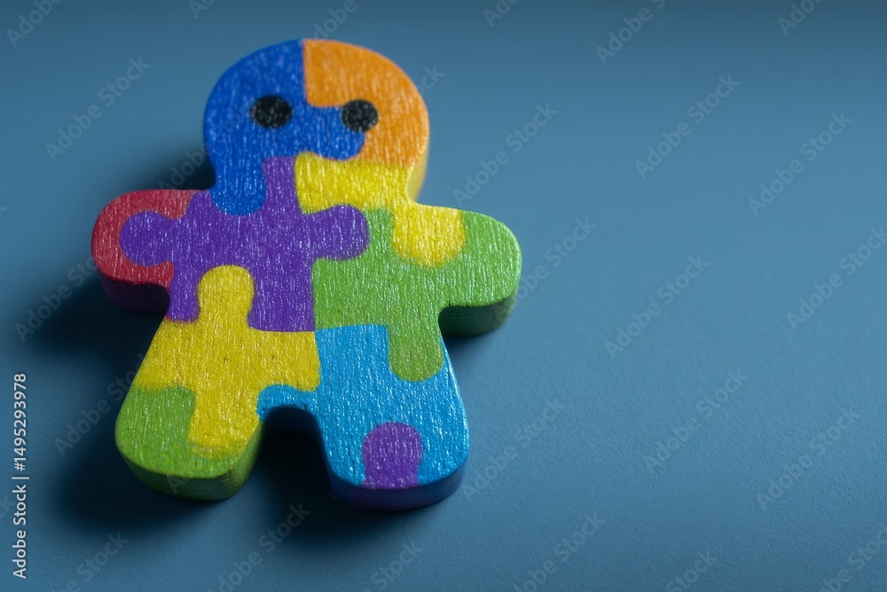 Fototapeta premium The representation of a man made from multi-colored puzzle pieces conveys the idea of autism or neurodiversity