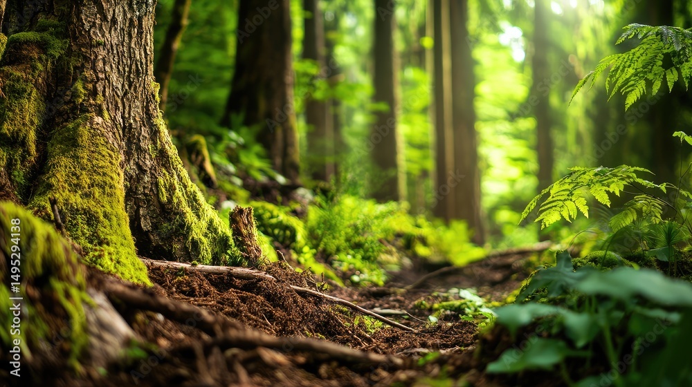 Fototapeta premium Lush Green Forest Floor with Moss Covered Trees in the Pacific Northwest