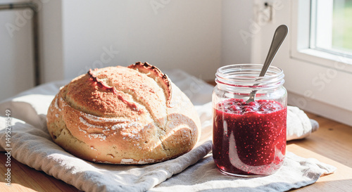 Homemade bread and jar of raspberry jam on kitchen towel in sunlight