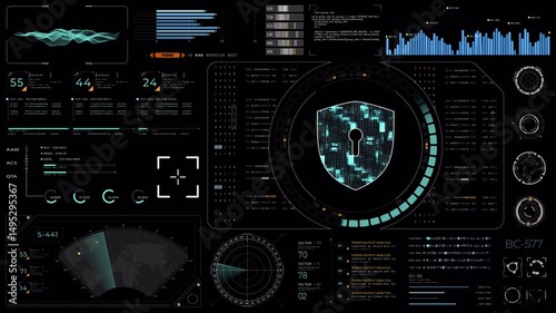 Motion graphic of Blue digital security shield with head up display HUD UI and futuristic abstract background network firewall technology and data secure Alpha channel included video concepts