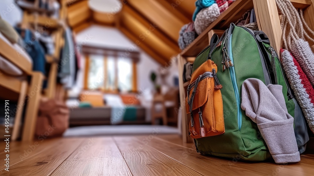 Obraz premium Attic Room Interior Design with a backpack, storage and natural light streaming in