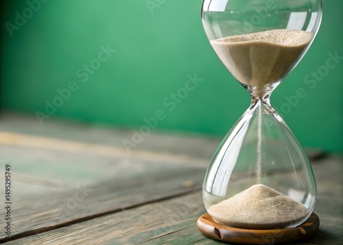 Hourglass with Sand Flowing on Rustic Wooden Table Against Green Background