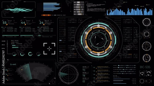 Motion graphic of Blue digital Head up display (HUD UI) and circuit panel technology interface screen with futuristic elements abstract background Alpha channel included video concepts 