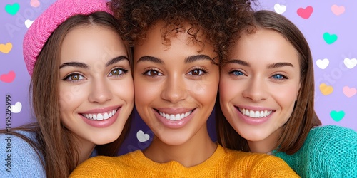 a realistic image of friends on a video call with colorful filters and reactions