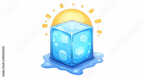 Ice cube melting under the sun with blue water droplets  