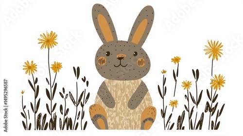 Cute bunny sitting in wildflowers, spring meadow, children's illustration