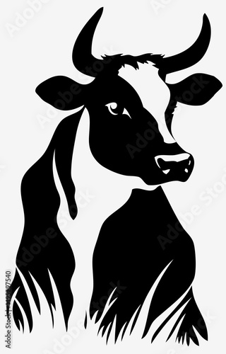 Stylized vector illustration of a cow in black and white.