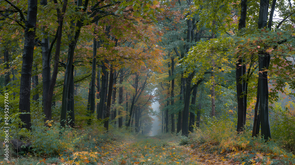 Obraz premium Leaf-strewn path disappearing into the misty distance of a woodland autumn colors paint the canopy with a soft muted light.
