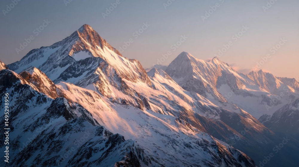 Fototapeta premium Snow Capped Mountain Range at Sunrise, Inspiring Adventure and Outdoor Exploration for Travel and Tourism : Generative AI