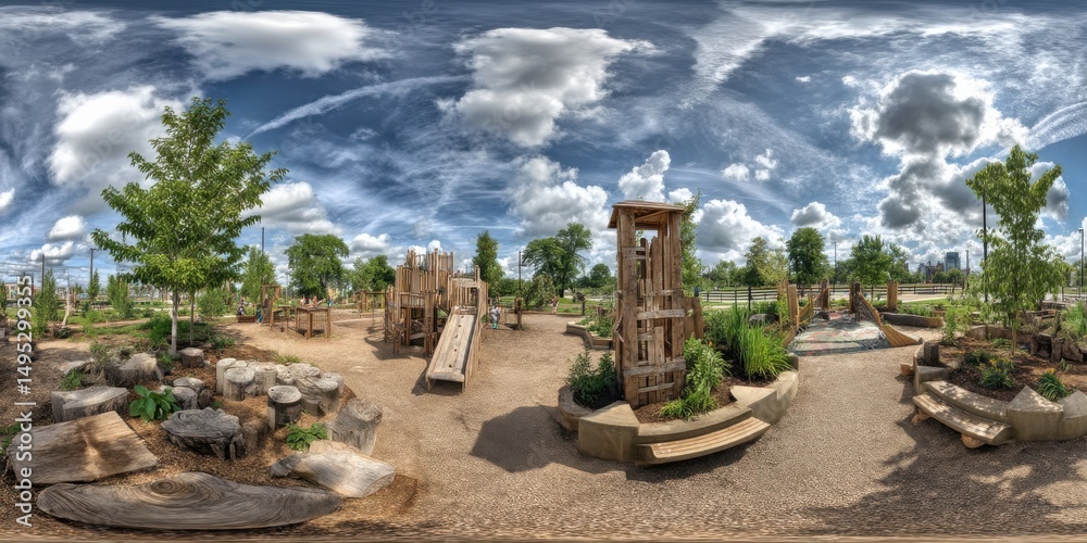 Panoramic View of a Natural Playground with Wooden Structures Under a Cloudy Sky, Showcasing Outdoor Recreation and Childhood Development : Generative AI Panoramic View of a Natural Playground with Wooden Structures Under a Cloudy Sky, Showcasing Outdoor Recreation and Childhood Development : Generative AI