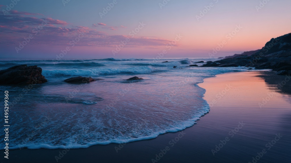 Obraz premium Tranquil Beach at Dusk With Gentle Waves, Evoking Serenity and Coastal Getaways for Travel and Tourism Marketing : Generative AI