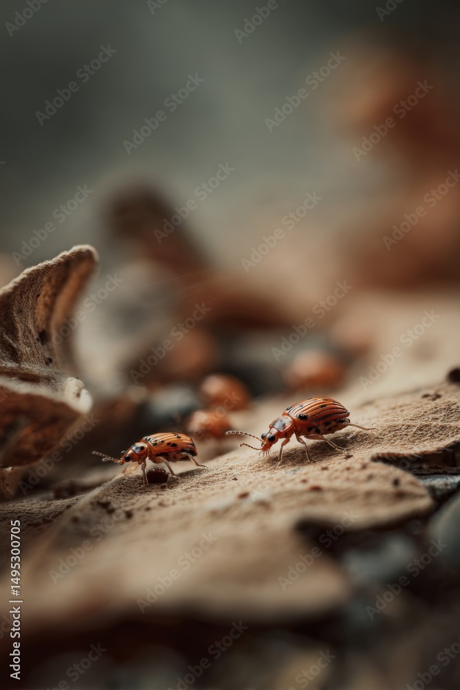 Obraz premium Colorado Potato Beetles Crawling on a Leaf, Illustrating Pest Control and Agricultural Challenges, Perfect for Educational Material and Environmental Awareness Campaigns : Generative AI