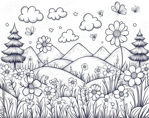Whimsical Black And White Drawing Of A Flowery Landscape With Rolling Hills And Trees
