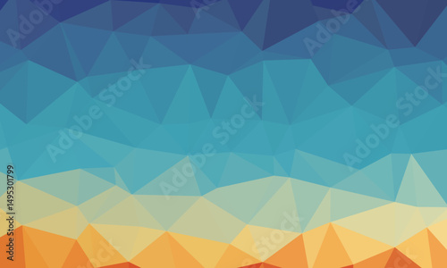 Abstract low poly vector sunset. Beautiful geometric background with color transition from blue, turquoise to yellow and orange. Ideal for any your bold design or advertising project.
