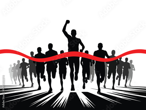 vector silhouette of a group of people running across the red line