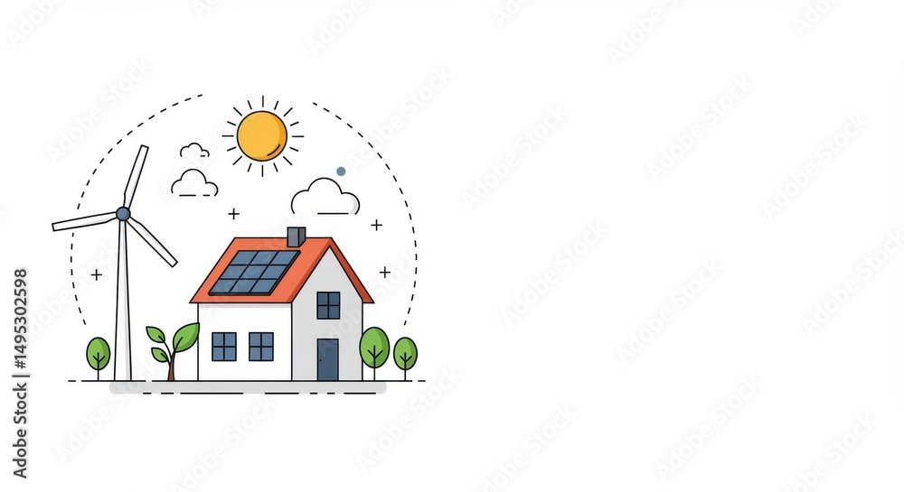 Fototapeta premium Solar-powered house with wind turbine and sun in clean environment 
