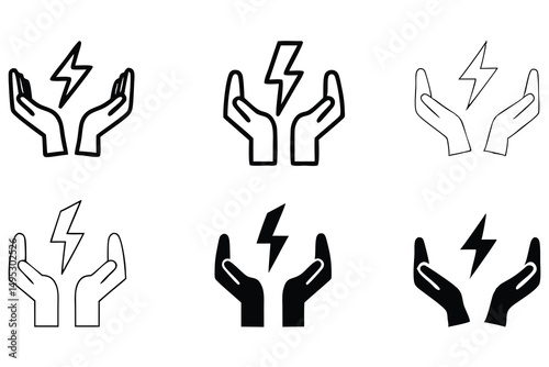 Electricity Protection Icon Set – Hands Holding Lightning Bolt Symbol in Black and White Styles