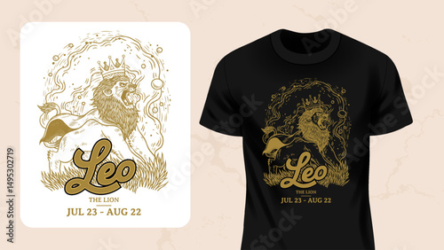 Leo Zodiac T-Shirt Design – Vintage Lion Line Art Illustration with Astrology Symbols 