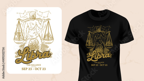 Libra Zodiac T-Shirt Design –Vintage Scales Line Art Illustration with Astrology Symbols