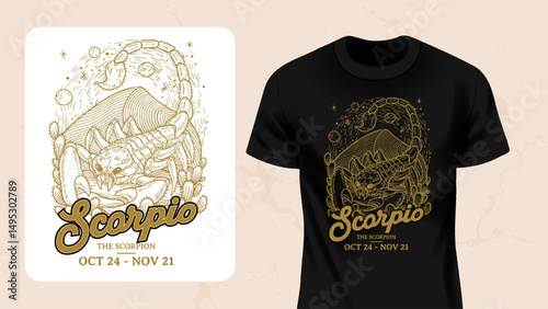 Scorpio Zodiac T-Shirt Design–Vintage Scorpion Line Art Illustration with Astrology Symbols 