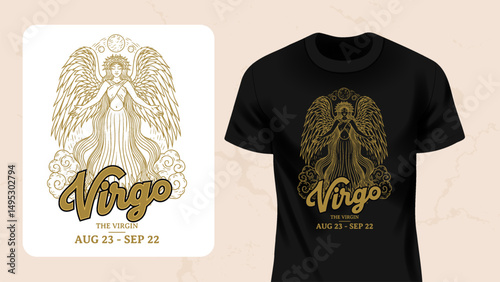 Virgo Zodiac T-Shirt Design–Vintage Maiden Line Art Illustration with Astrology Symbols