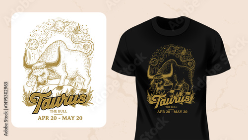 Taurus Zodiac T-Shirt Design–Vintage Bull Line Art Illustration with Astrology Symbols 