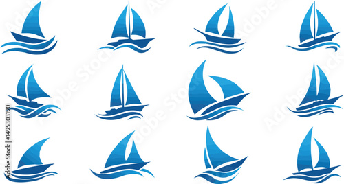 Create a kinds of blue Sailing boat logo set. icon abstract vector template. Sailboat on the waves. Vector illustration with white background.