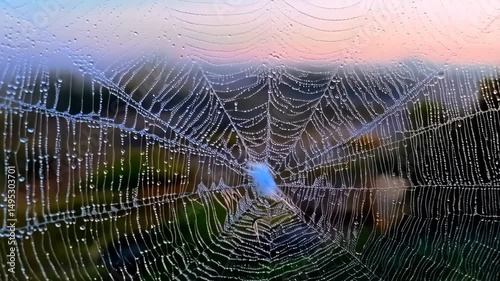 Delicate spiderweb covered in dewdrops with a single blue feather nestled among the intricate silk threads at sunrise