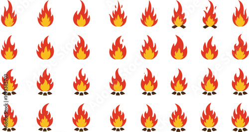 Create a kinds of fire flat icons set, flames, flame silhouette of various shapes ,bonfire vector illustration, with white background.