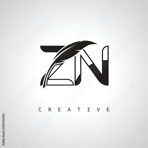 ZN Letter Logo with Feather Pen – Elegant Monogram for Creative Branding and Identity Design