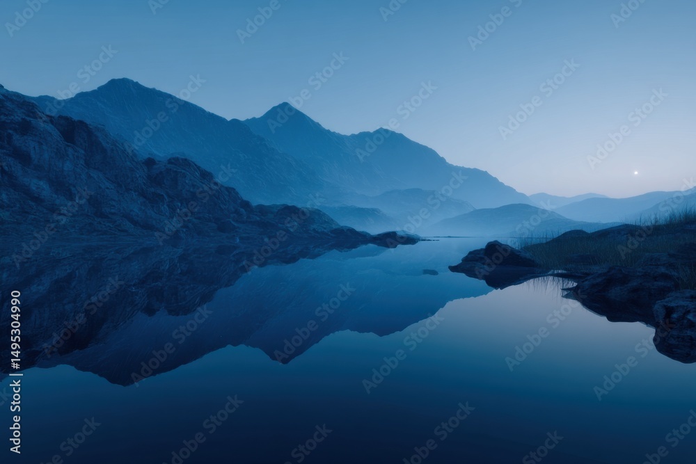 Obraz premium Tranquil Mountain Lake at Twilight Reflecting Peaks, Representing Serenity and Environmental Conservation, Ideal for Travel and Adventure Campaigns : Generative AI