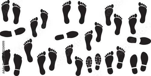 Create a kinds of shoe footprints icon. shoe footprints isolated on transparent background, shoe footprints vector art silhouette with white background.