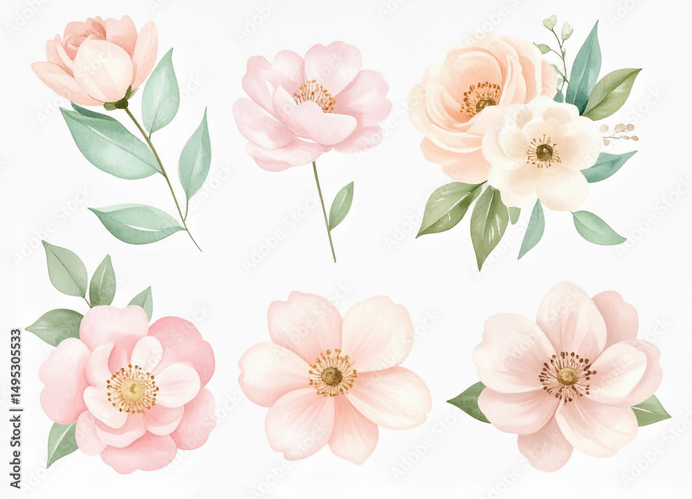 Fototapeta premium Delicate floral arrangement featuring various pastel blossoms and leaves in soft tones. Watercolor flowers clipart on white background.
