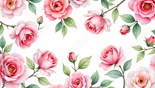 Delicate watercolor roses, leaves & buds Seamless repeat , wallpaper, pink